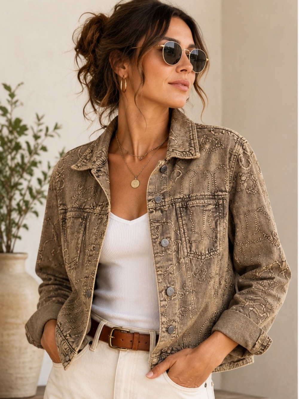 Vintage Chico's Design Embroidered Brown Denim Jacket Size 1 Chicos